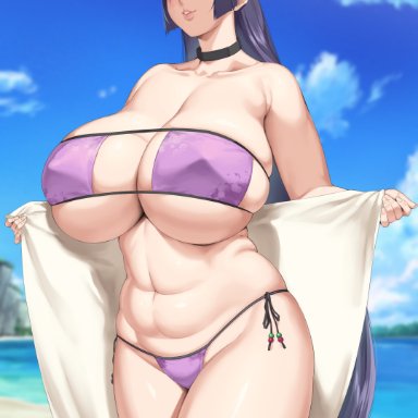 fate/grand order, fate (series), hakai shin, beach, beach towel, bikini, blush, breasts, choker, curvy, eyepatch bikini, huge breasts, long hair, mature female, milf