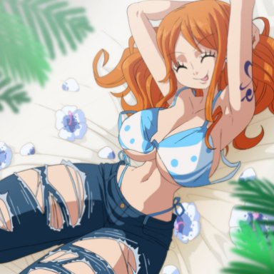 one piece, nami, nami (one piece), coolerinker, inker comics, inkershike, 1girls, anime style, armpits, arms above head, arms up, beach, beach wear, belly, belly button