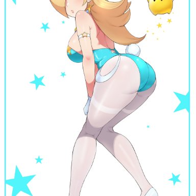 mario (series), nintendo, super mario galaxy, luma, princess rosalina, kaos art, 1girls, ass, blonde hair, blue eyes, breasts, bunny ears, bunny girl, bunnysuit, female