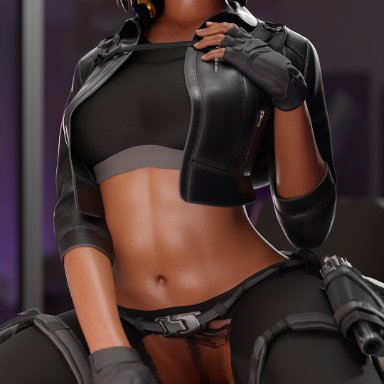 overwatch, pharah, kanjihentai, black hair, cowgirl position, dark skin, female, fit female, leather jacket, leggings, lipstick, male, male/female, penis in pussy, pussy