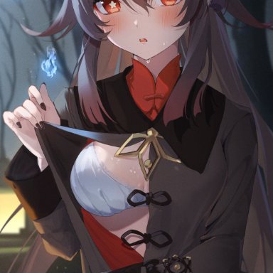 genshin impact, hu tao (genshin impact), 1girls, bangs, black nails, blush, bra, breasts, brown coat, brown hair, coat, female, flower, flower-shaped pupils, ghost