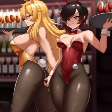 rwby, ruby rose, yang xiao long, cslucaris, big breasts, blonde hair, bunny ears, bunny tail, bunnysuit, busty, cigarette, cleavage, eye bags, pantyhose, purple eyes