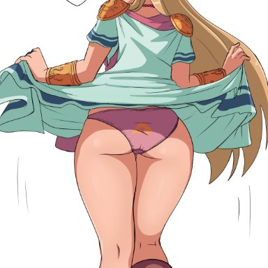 a link between worlds, nintendo, the legend of zelda, princess zelda, zelda (a link between worlds), zeromomentai, 1girls, ass, ass focus, big ass, blonde hair, blue eyes, blush, dress, dress lift