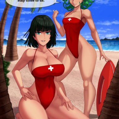 one-punch man, fubuki (one-punch man), tatsumaki, rocky-ace, 2girls, beach, big breasts, breasts, busty, cleavage, curvaceous, curvy, curvy figure, eyebrows, eyelashes