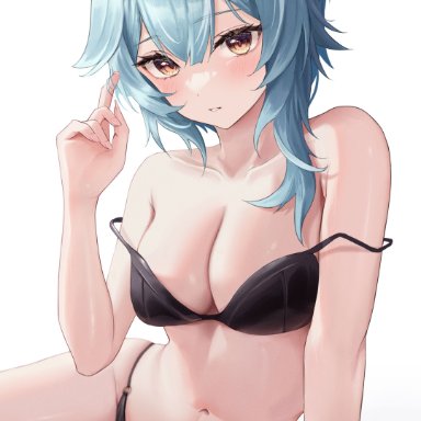 genshin impact, eula (genshin impact), 1girls, asymmetrical hair, bare shoulders, bikini, black bra, black hairband, black panties, blue hair, bra, breasts, cleavage, collarbone, hair ornament