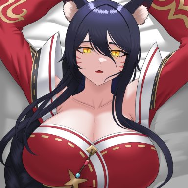 league of legends, riot games, ahri, vastaya, aassddff, 9 tails, animal ear fluff, animal ears, animal girl, big breasts, black hair, breasts, busty, cleavage, clothing