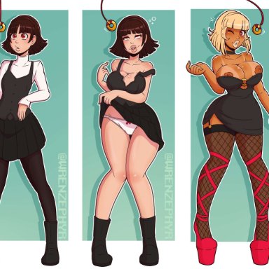 persona, persona 5, makoto niijima, wrenzephyr2, ass expansion, before and after, bimbofication, blonde hair, breast expansion, breasts, breasts out, brown hair, cleavage, dark skin, dress lift