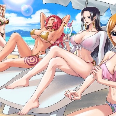 one piece, one piece film gold, baccarat (one piece), boa hancock, koala (one piece), nami, nico robin, yohkn3, 5girls, ass, beach, beach chair, beach umbrella, belly, belly button