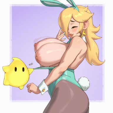 mario (series), nintendo, luma, princess rosalina, rizdraws, 1girls, blonde hair, blush, breasts, breasts out, bunnysuit, closed eyes, duo, female, huge breasts