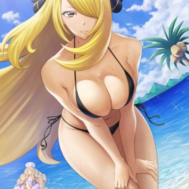 nintendo, pokemon, pokemon bw, pokemon dppt, alolan exeggutor, caitlin (pokemon), cynthia (pokemon), exeggutor, regional form (pok&#233;mon), mihiro (mitumitu3232ish), 2girls, alolan form, beach, big breasts, bikini