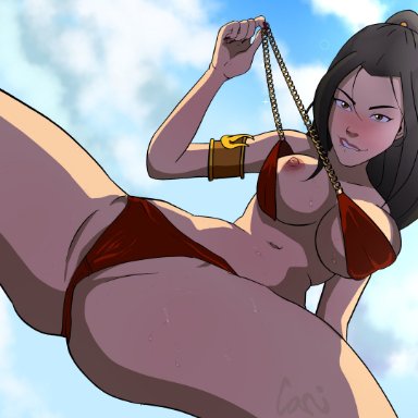 avatar the last airbender, azula, cani (artist), armband, bikini, biting lip, fire nation, large breasts, legs apart, one breast out, princess, royalty, swimsuit, teasing, undressing