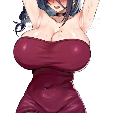 original, original character, celyn404, 1girls, armpits, arms up, bakunyuu, bare shoulders, beauty mark, belly button, birthmark, black choker, black hair, black hair female, black neckwear