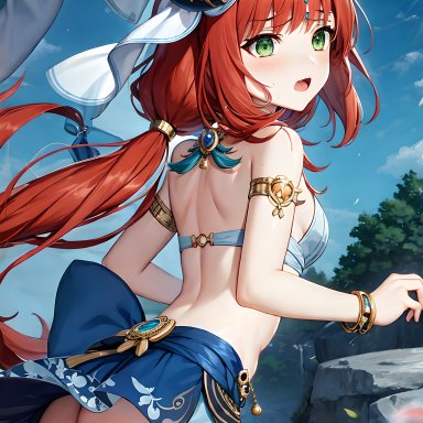 genshin impact, nilou (genshin impact), arabian clothes, ass, bare shoulders, blush, bow, breasts, detached sleeves, female, from behind, green eyes, horns, long hair, looking at viewer