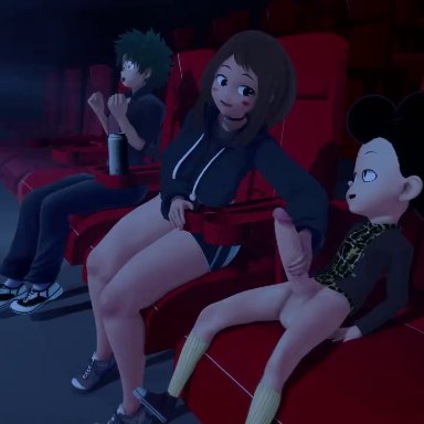 my hero academia, izuku midoriya, minoru mineta, ochako uraraka, japs8005, 1boy, 1boy1girl, 1girls, 2boys, all fours, blowjob, brown hair, cheating, cinema, cuck