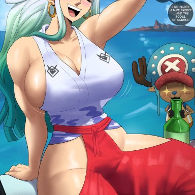 one piece, tony tony chopper, yamato (one piece), echosaber, bigger female, muscular female, sideboob, thick thighs, wide hips, color, tagme