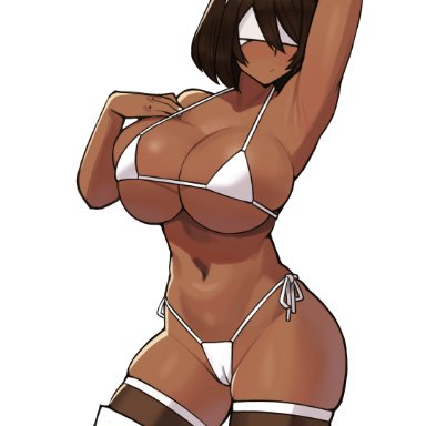 nier, nier: automata, yorha 2p, donburikazoku, 1girls, android, android girl, bikini, black hair, blindfold, breasts, brown skin, dark-skinned female, dark skin, female