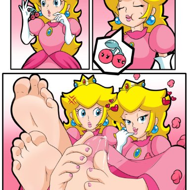 nintendo, super mario 3d world, princess peach, mrff25, 1boy, 2girls, angry, barefoot, blonde hair, clone, clothed, clothed female, cum, cum drip, erect penis