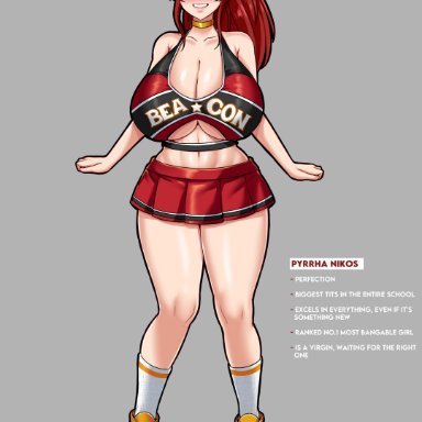 rwby, pyrrha nikos, tabletknight, 1girls, blush, body outline, breasts, cheerleader, cheerleader uniform, choker, cleavage, curvaceous, female only, green eyes, hourglass figure