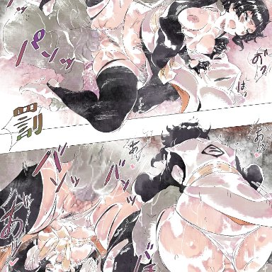 bleach, hollow (species), soifon, maxi, 1boy, 1boy1girl, 1girls, all fours, ass, black hair, blunt bangs, blush, carrying, carrying partner, clothed female nude male
