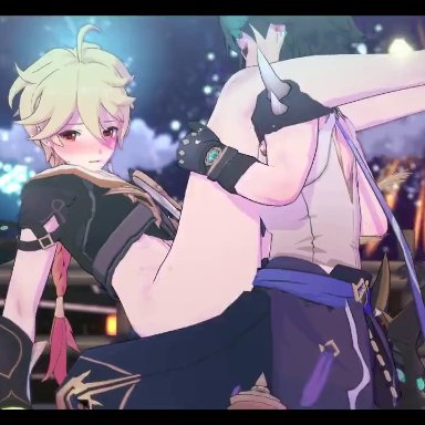 genshin impact, lunar new year, aether (genshin impact), paimon (genshin impact), xiao (genshin impact), 2boys, gay, male, uke aether, yaoi, 3d, animated, mp4, no sound, tagme