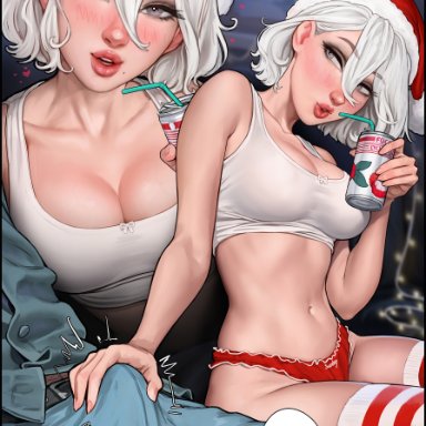 christmas, nier, nier: automata, yorha 2b, aroma sensei, 1boy, 1girls, blue eyes, breasts, cleavage, erection, female, heart-shaped pupils, large breasts, large penis