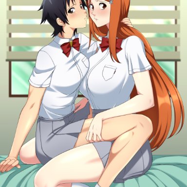 bleach, inoue orihime, tatsuki arisawa, lindaroze, 2girls, after kiss, ankle socks, anklehighs, asymmetrical docking, barefoot, bed, bed sheet, bedroom, big breasts, black hair