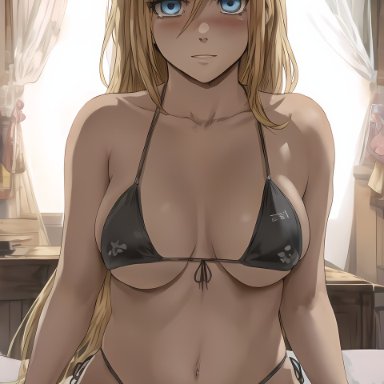 attack on titan, shingeki no kyojin, historia reiss, amiral ai, 1girls, alternate breast size, bikini, black bikini, blonde hair, blue eyes, blush, breasts, embarrassed, female, huge breasts