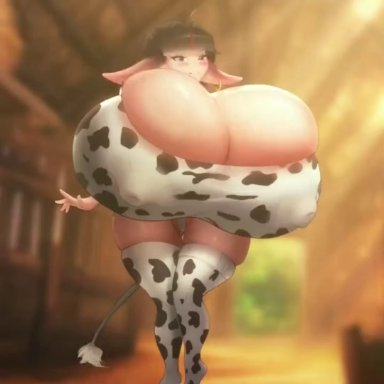 kurotamaart, 1girls, breast expansion, breasts bigger than head, breasts bigger than torso, bursting breasts, cow girl, cow print, enormous ass, enormous breasts, female, gigantic breasts, growth, hard nipples, huge ass