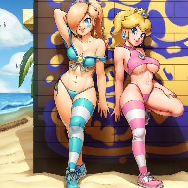 mario (series), nintendo, super mario bros., princess peach, princess rosalina, revtilian, 2girls, alternate costume, asymmetrical legwear, beach, bikini, blonde hair, blue eyes, cleavage, curvy