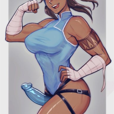 avatar the last airbender, the legend of korra, korra, iahfy, owler, aqua eyes, avatar legends, bare shoulders, blue leotard, breasts, brown hair, clenched hand, clothing, dark-skinned female, dark skin