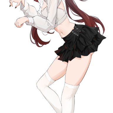 genshin impact, hu tao (genshin impact), feintheart721, 1girls, ass, brown hair, clothing, female, female only, legs, looking at viewer, midriff, miniskirt, red eyes, skirt