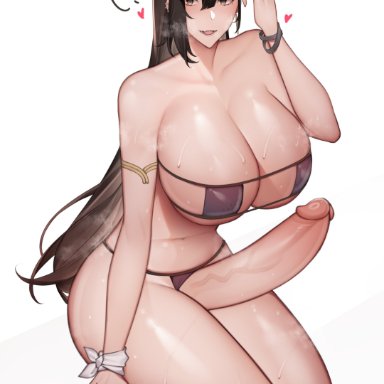 original, niwada (unbeller), original character, unbeller, 1futa, balls, bikini, breasts, brown hair, clothed, clothing, erection, eyepatch bikini, futa only, futanari