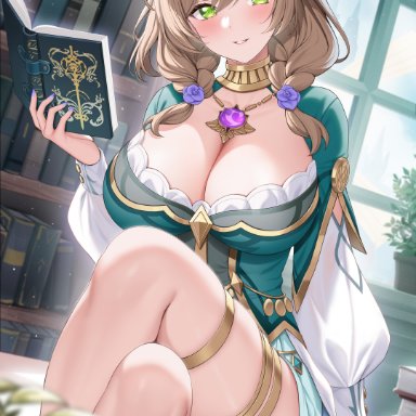 genshin impact, lisa (genshin impact), fukuro ko (greentea), 1girls, big breasts, blush, book, bookshelf, brown hair, cleavage, crossed legs, female, female only, green eyes, hat