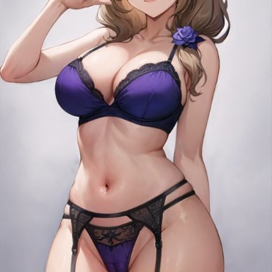 genshin impact, lisa (genshin impact), nai diffusion, stable diffusion, 1girls, bra, breasts, brown hair, curvaceous, curvy, female, female only, garter belt, garter straps, green eyes