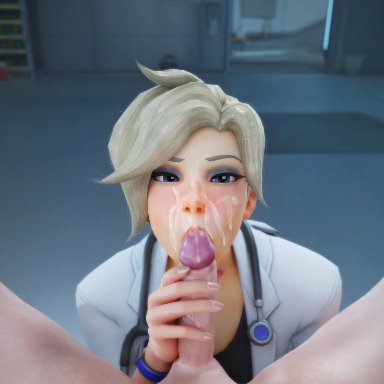 overwatch, dr. ziegler, mercy, rwt4184, blonde hair, blowjob, blue eyes, blush, cum in mouth, cum on face, doctor, pov, lowres