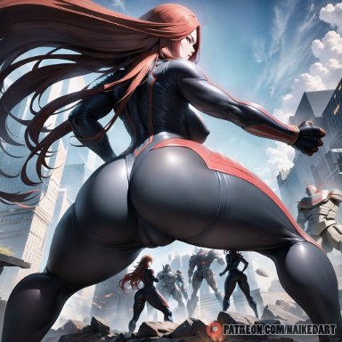 naikedart, stable diffusion, ass focus, big ass, bodysuit, female, latex, red hair, shiny clothes, thick thighs, tight clothing, vagina, ai generated, low-angle view