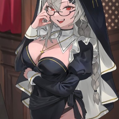 saruei (vtuber), hood (james x), bangs, black headwear, black panties, black thighhighs, breasts, cleavage, female, glasses, hand up, jewelry, large breasts, long hair, long sleeves