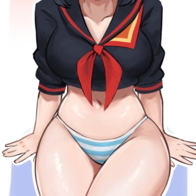 kill la kill, matoi ryuuko, sagaandersart, 1girls, black hair, blue eyes, blue striped panties, blush, breasts, cleavage, clothing, female, female only, knee socks, kneehighs