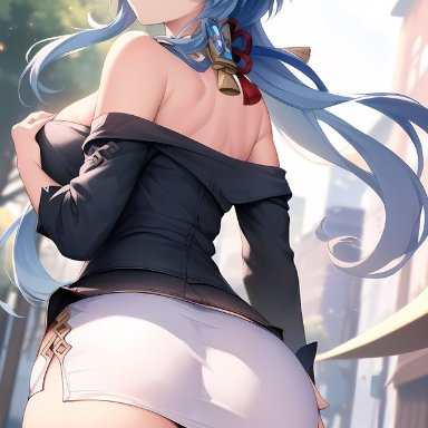 genshin impact, ganyu (genshin impact), nai diffusion, stable diffusion, 1girls, ass, blue hair, breasts, dat ass, female, from behind, fully clothed, horn, miniskirt, purple eyes