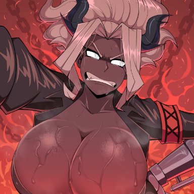 helltaker, judgement (helltaker), androjuniarto, 1girls, blush, breasts, busty, chains, child bearing hips, curvaceous, curvy, dark-skinned female, dark skin, demon, demon girl