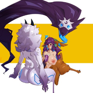 league of legends, riot games, kindred, lamb (league of legends), lillia (league of legends), nerfechi, 1futa, 1girls, animal genitalia, areolae, breasts, deertaur, duo, erection, female