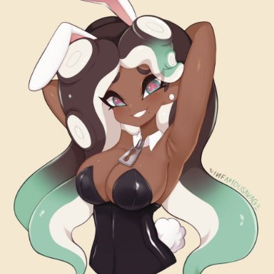 nintendo, splatoon, splatoon 2, marina (splatoon), savage (artist), 1girls, armpits, big breasts, breasts, bunny ears, bunny tail, bunnysuit, dark skin, female, female only