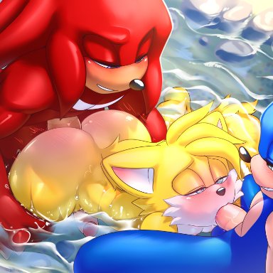 sega, sonic the hedgehog (series), knuckles the echidna, sonic the hedgehog, tails, krazyelf, anal, anal sex, anthro, anthro on anthro, anthro penetrated, anthro penetrating, anthro penetrating anthro, ass, big butt