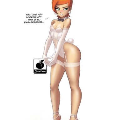 ben 10, gwen tennyson, linkartoon, bunny girl, bunnysuit, embarrassed, green eyes, high heels, long legs, orange hair, short hair, small breasts