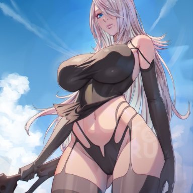 nier: automata, nier (series), yorha a2, arttoru, 1girls, alternate breast size, android, ass, ass visible through thighs, beauty mark, big ass, big breasts, big butt, black shirt, blindfold