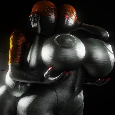 atomic heart, the twins (atomic heart), 2girls, 5 fingers, big ass, big breasts, breasts, busty, curvaceous, curves, curvy, curvy figure, curvy hips, duo, faceless character