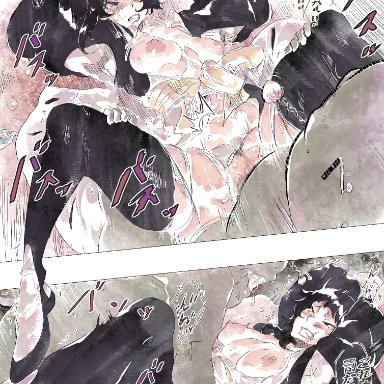 bleach, hollow (species), soifon, maxi, 1boy, 1boy1girl, 1girls, arms up, black hair, blunt bangs, blush, breasts out, clothed female nude male, clothed sex, colored skin
