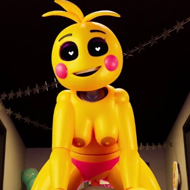 five nights at freddy's, five nights at freddy's 2, fnaf, toy chica (fnaf), zxxxarts, 1boy, 1girls, animatronic, anthro, areolae, aside, biting, breasts, cowgirl, female