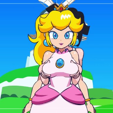 mario (series), super mario sunshine, minus8 (character), princess peach, minus8, big breasts, bikini, blonde hair, blue eyes, blush, bouncing breasts, clothed, cowgirl position, crown, cum in pussy