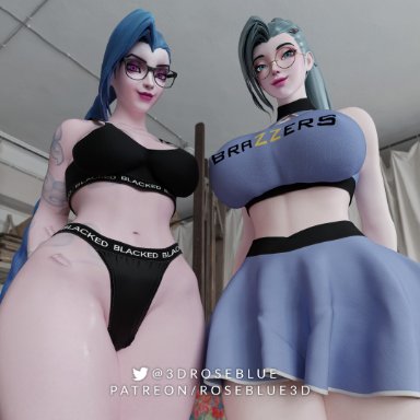 blacked, brazzers, k/da series, league of legends, league of legends: wild rift, riot games, jinx (league of legends), seraphine (league of legends), rose blue 3d, 2girls, alternate breast size, arm tattoo, big breasts, blacked clothing, blue eyes